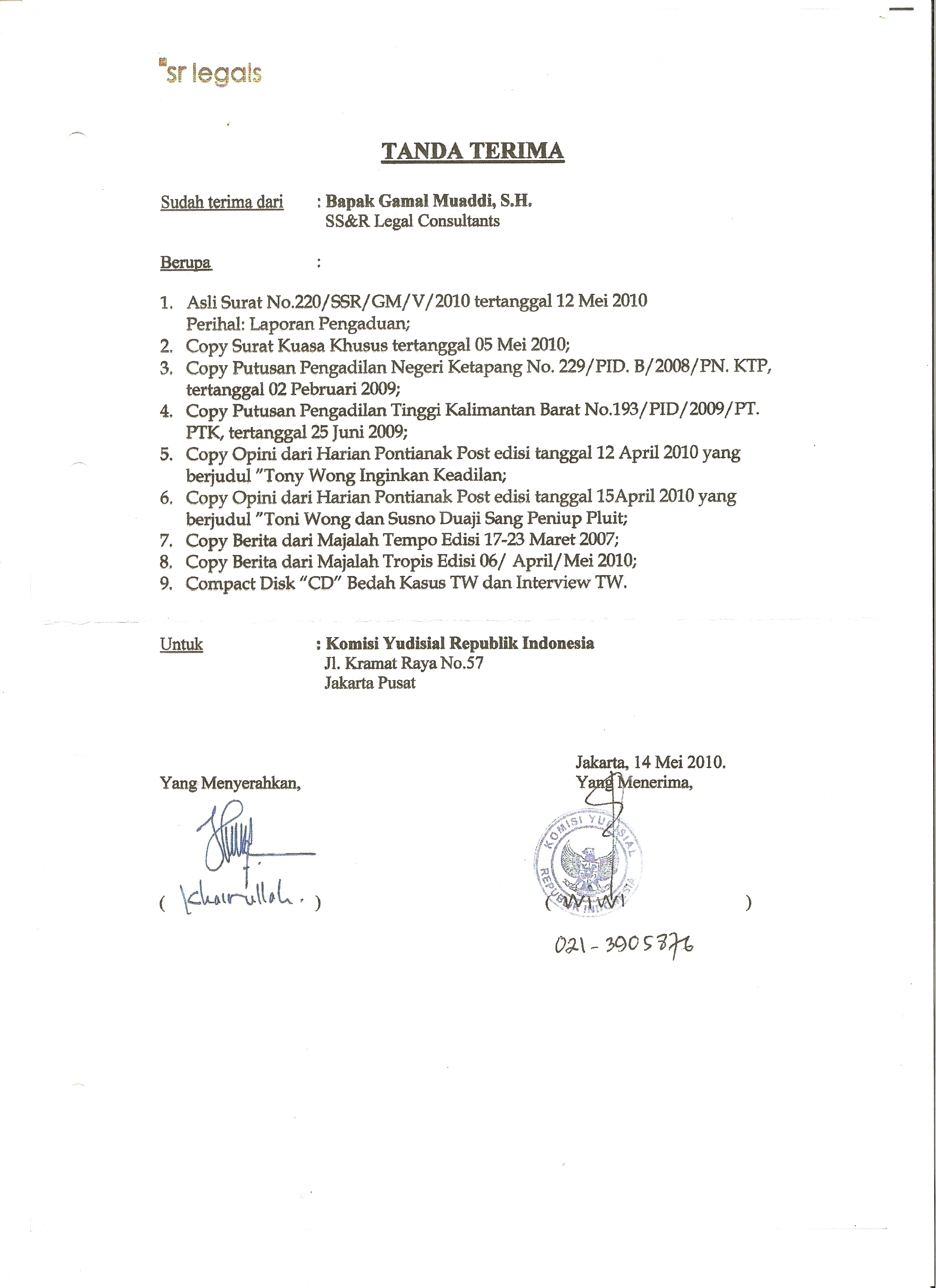 12 Mei 2010 Laporan Pengaduan Ke Komisi Yudisial Ky